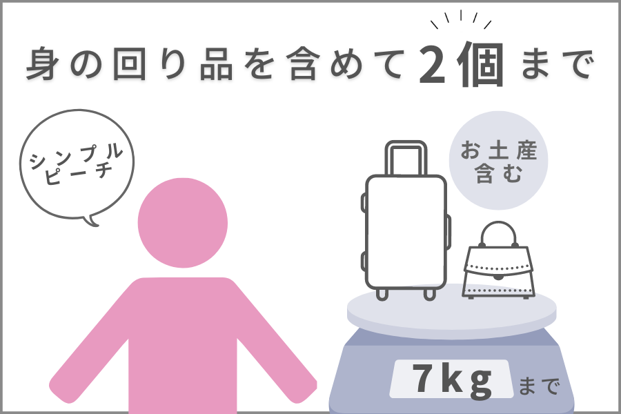 シンプルピーチでは身の回り品を含めて手荷物は2個7kgまで